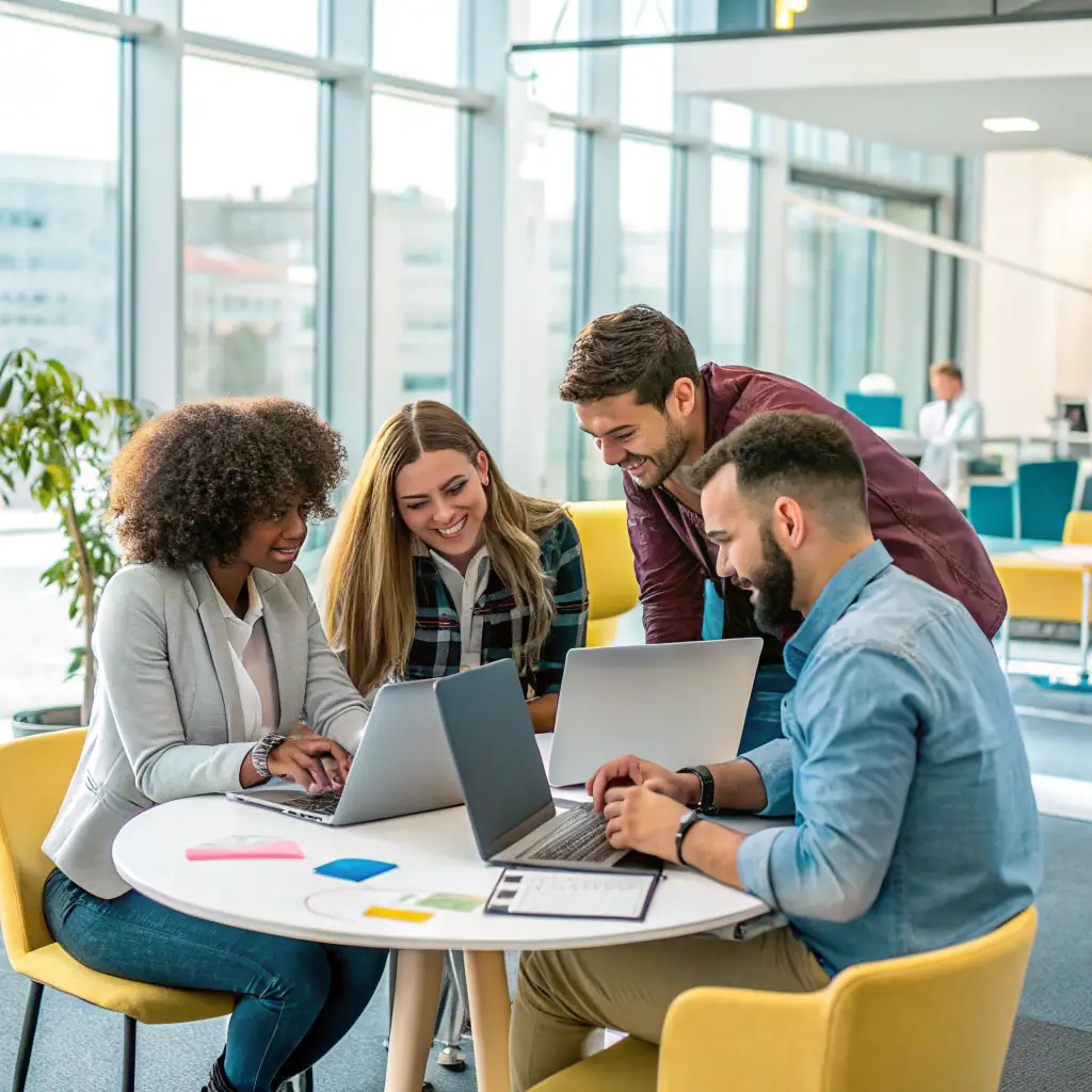 A team of IT professionals smiling and working collaboratively in a modern office environment, emphasizing their commitment to providing excellent service and support to clients.