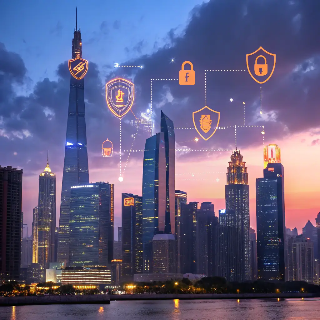 An image depicting a digital shield overlaying a cityscape, symbolizing cybersecurity protection.