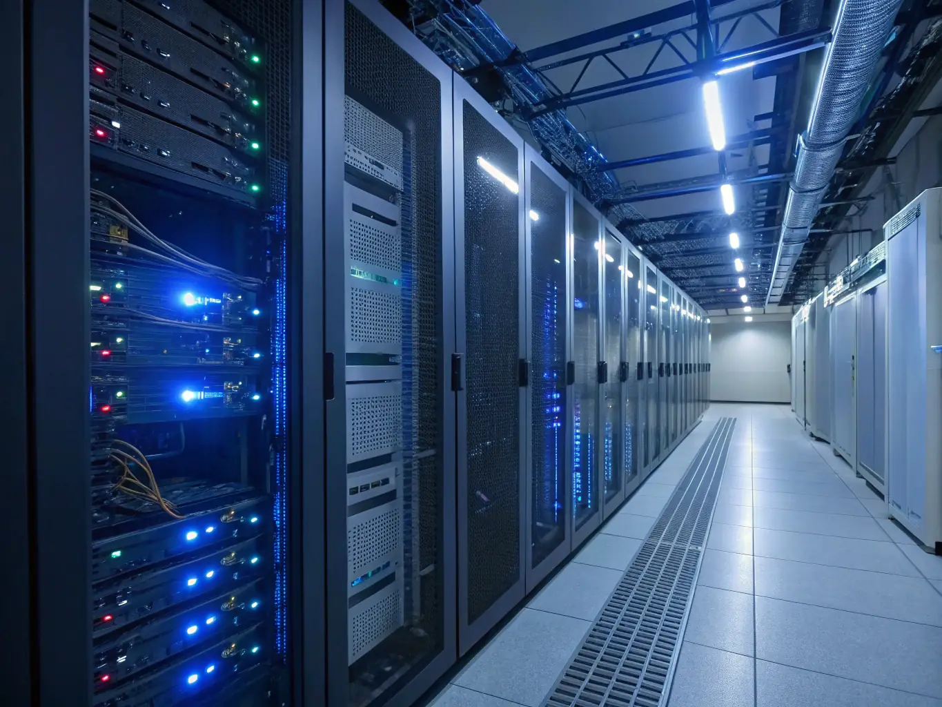 A well-organized server room with blinking lights and neatly arranged cables, symbolizing efficient network infrastructure for a Miami business.